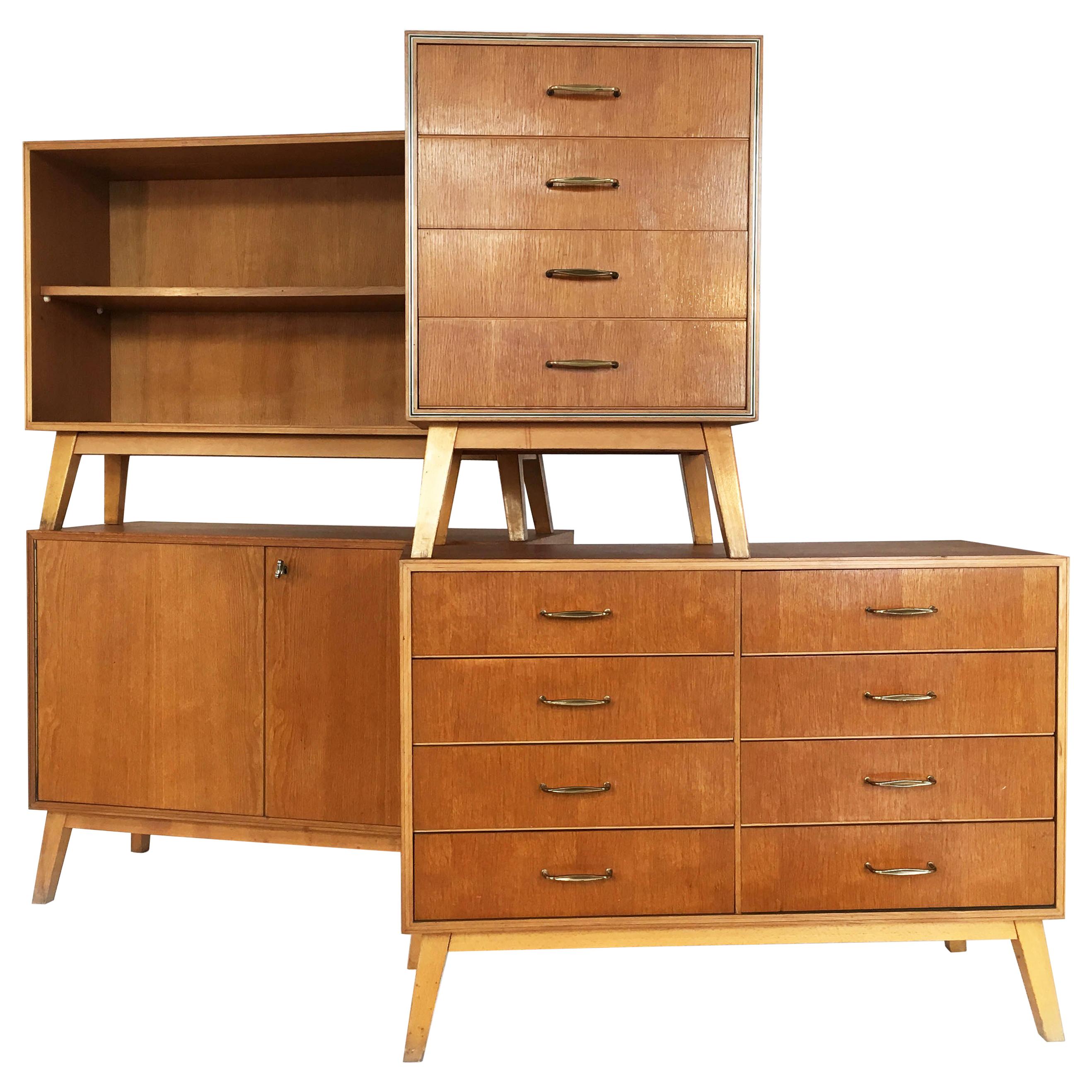 SW Möbel Sideboard, Chest of Drawers, Bookcase Collection, Vienna, 1950s For Sale