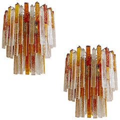 Pair  Large Mazzega Murano Glass Chandelier Pendant Light, Venini Gio Ponti Era