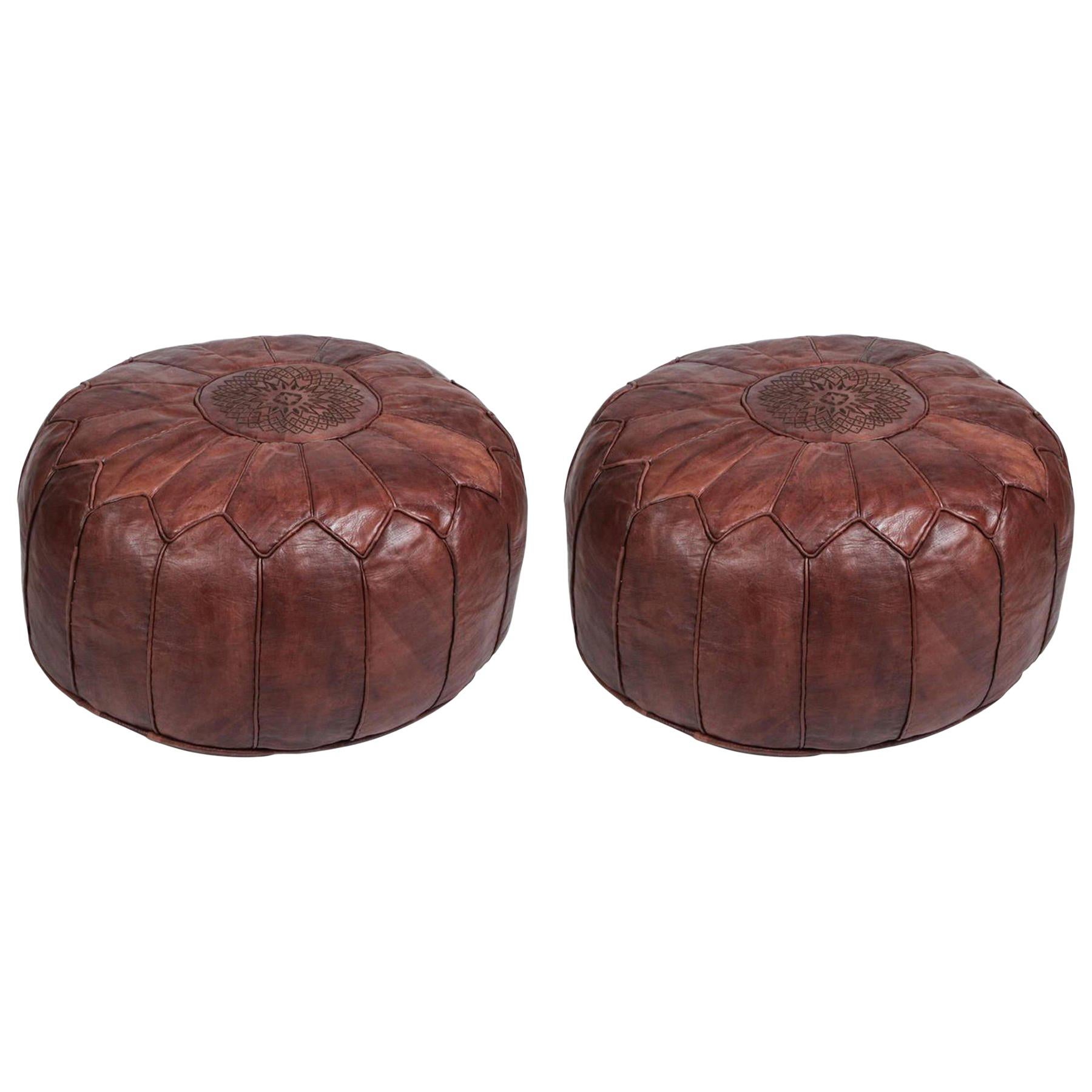 Pair of Large Brown Moroccan Hand Tooled Leather Poufs Ottomans