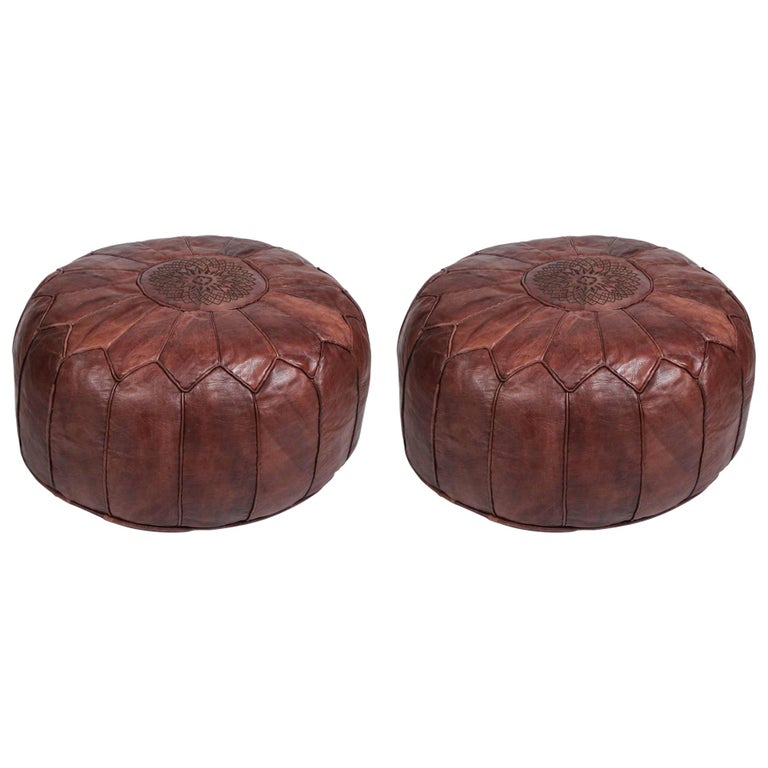 Pair of Large Brown Moroccan Hand Tooled Leather Poufs Ottomans For Sale at  1stDibs | tooled leather ottoman