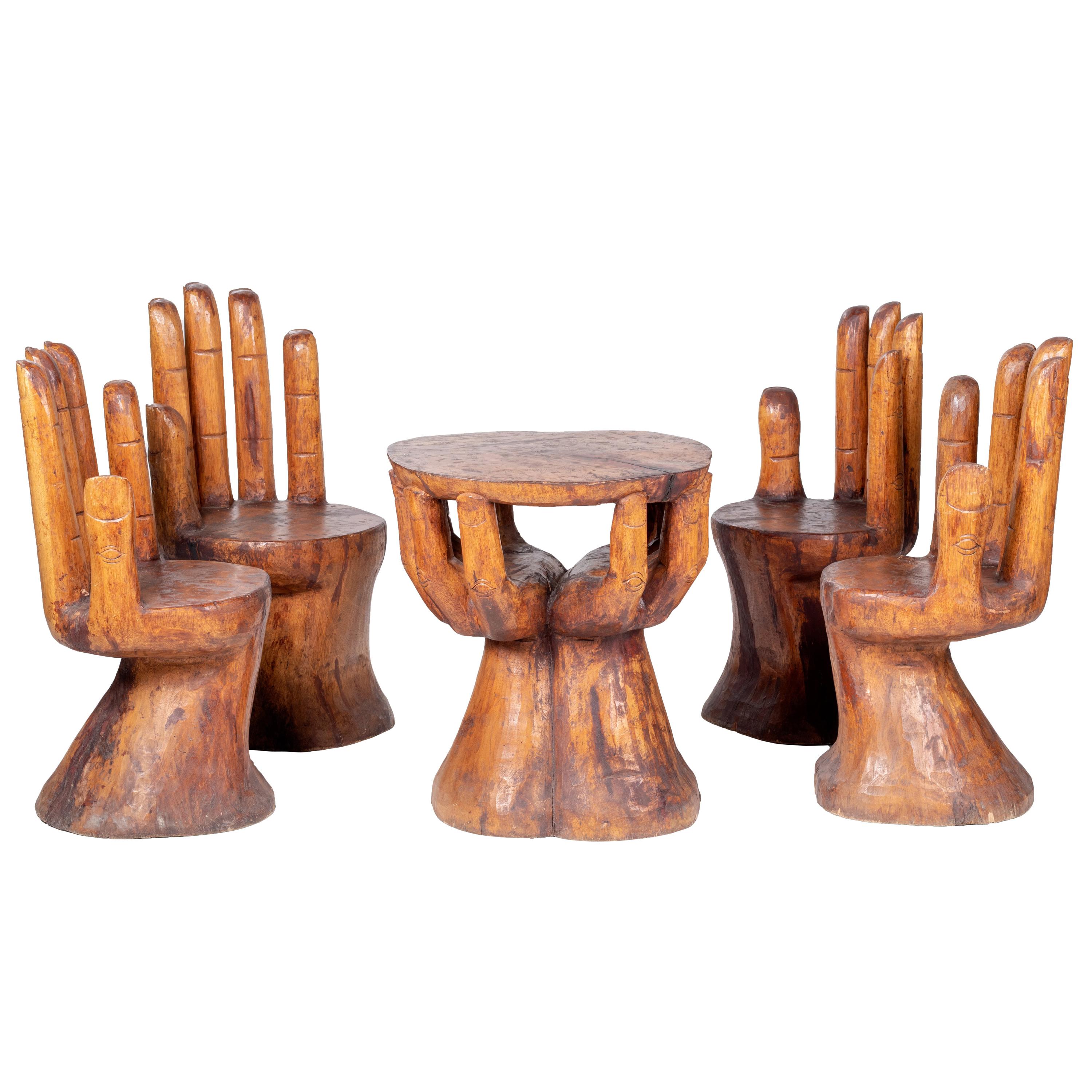 Hand Shaped Fruit Wood Set of Table and Four Chairs
