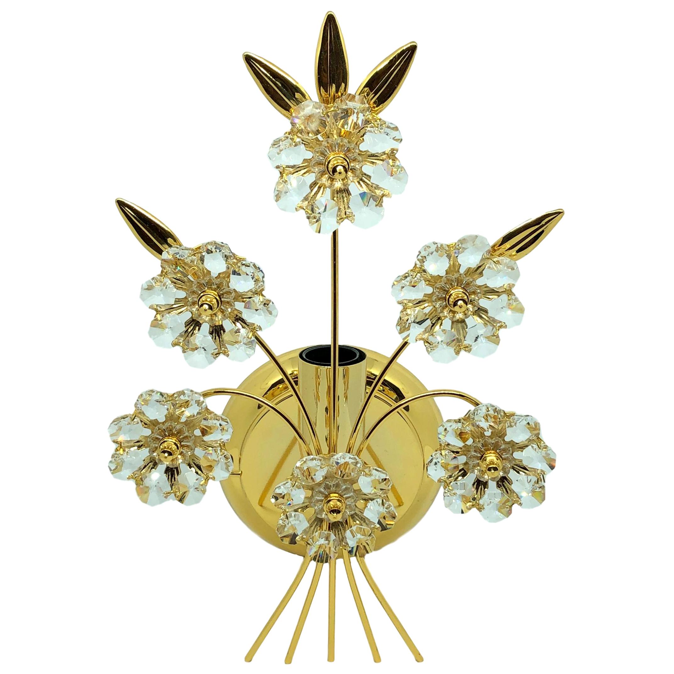 Single Vintage Gold-Plated "Palwa" Crystal Flower Sconces For Sale