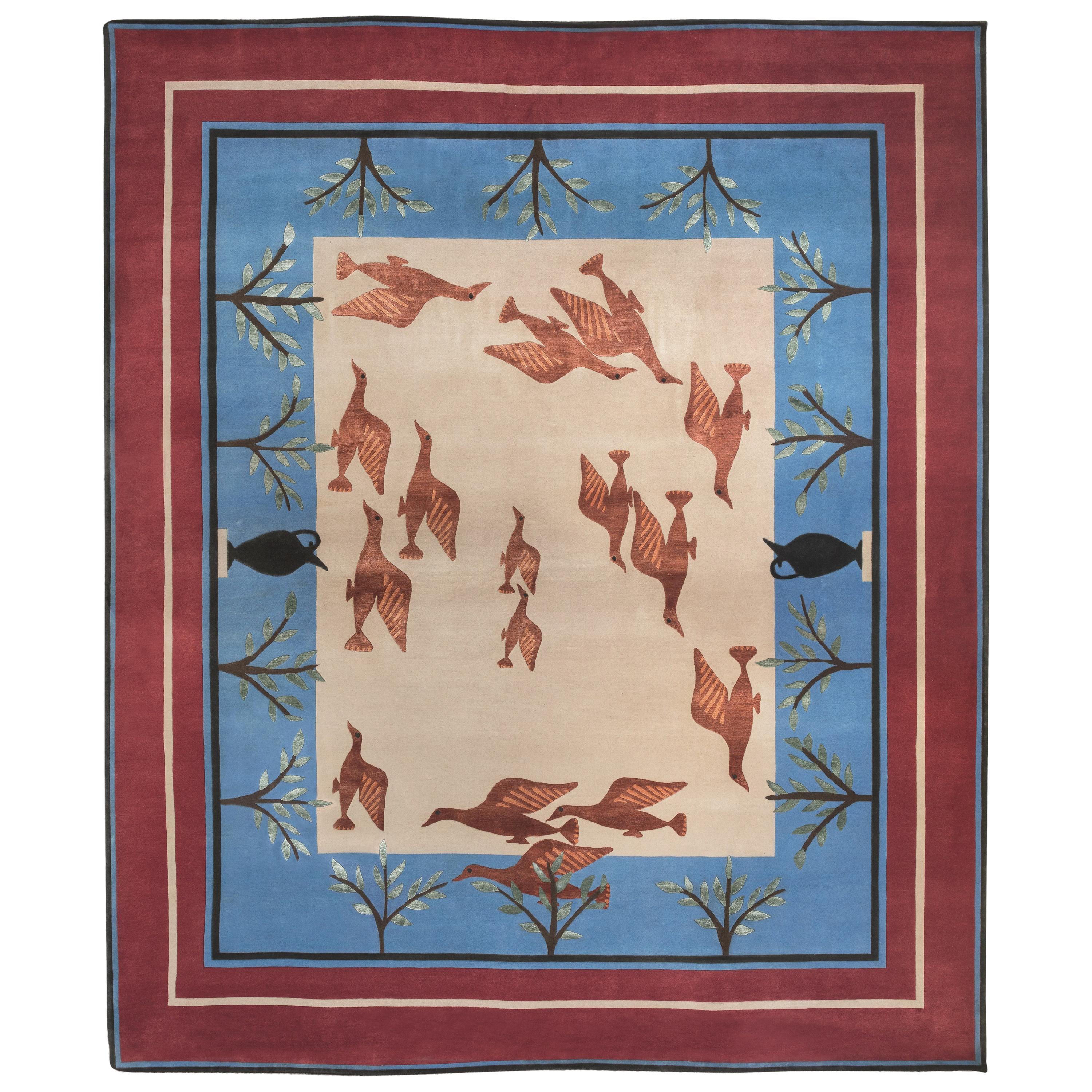 21st Century Blue White and Red Linde Burkhardt Birds Nepalese Wool and Viscose
