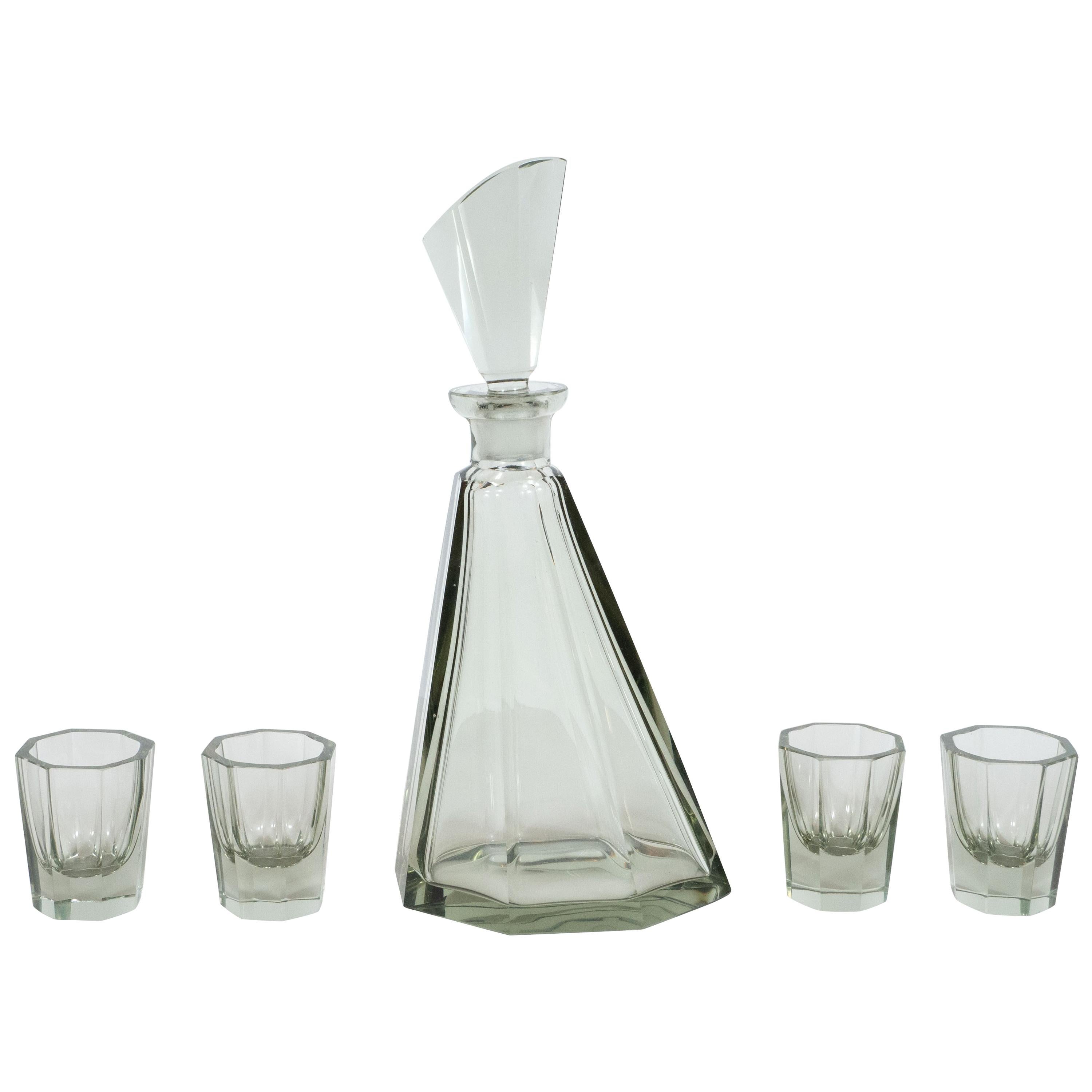 Art Deco Czechoslovakian 5-Piece Faceted Decanter Set in Hand Blown Smoked Glass