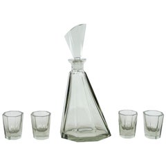 Art Deco Czechoslovakian 5-Piece Faceted Decanter Set in Hand Blown Smoked Glass