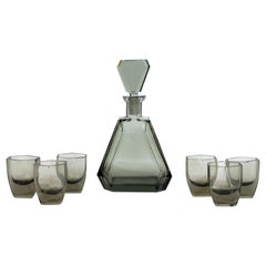 Art Deco Czech Cubist Decanter Set with Six-Shot Glass in Clear Graphite Glass