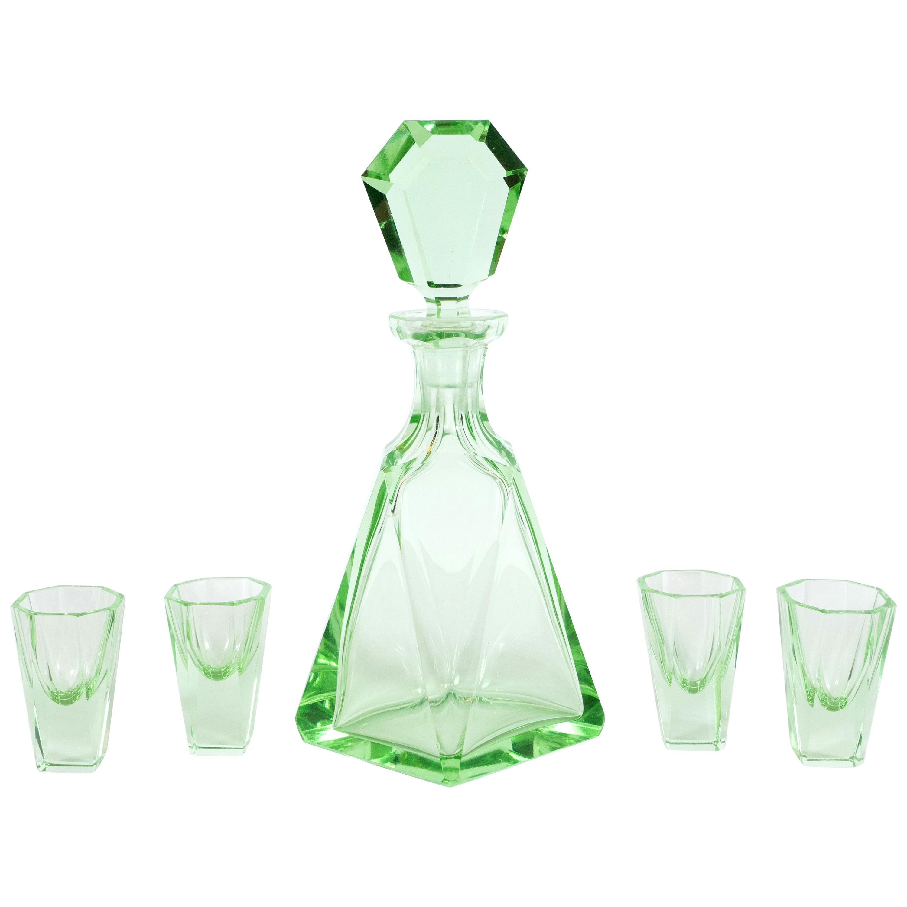 Art Deco Machine Age Czech Five-Piece Faceted Emerald Glass Decanter Set