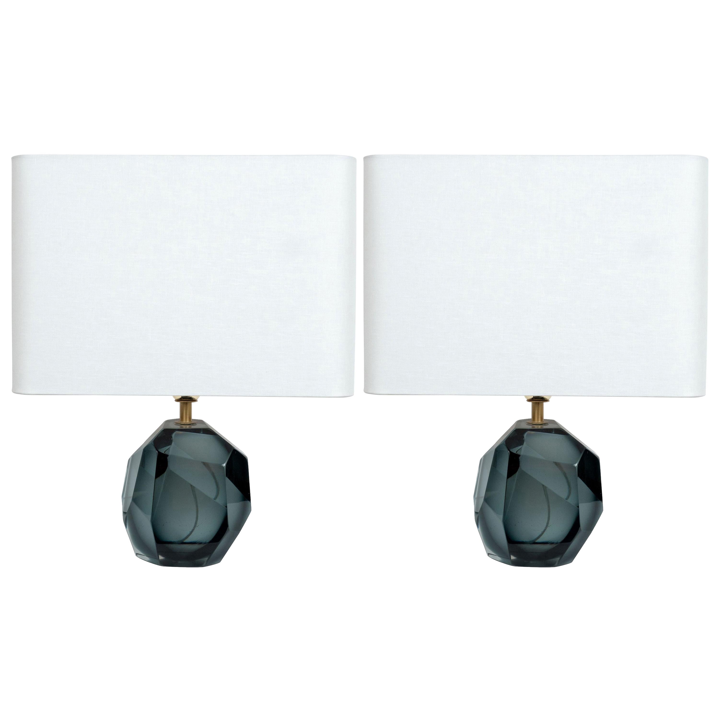 Pair of New Modernist Faceted Table Lamps in Hand Blown Murano Graphite Glass