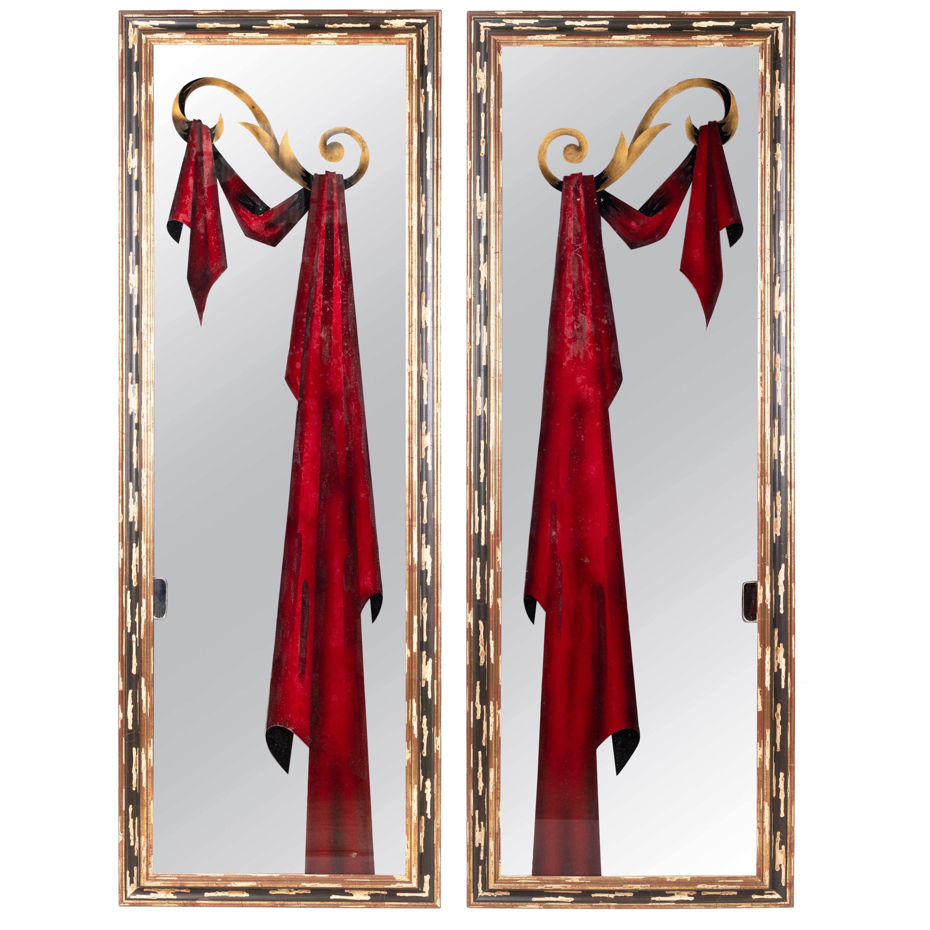 1980s Pair of French Framed Mirrors with Hand Painted Red Curtains