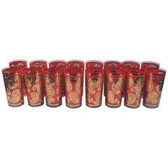Used Culver Set of Hollywood Regency Red & Gold Paisley Highball Glasses, Set of Six