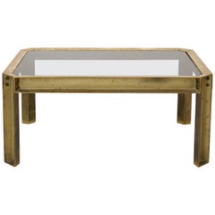 Brutalist Casted Brass Coffee Table with Smoked Glass Top by Peter Ghyczy, 1970s