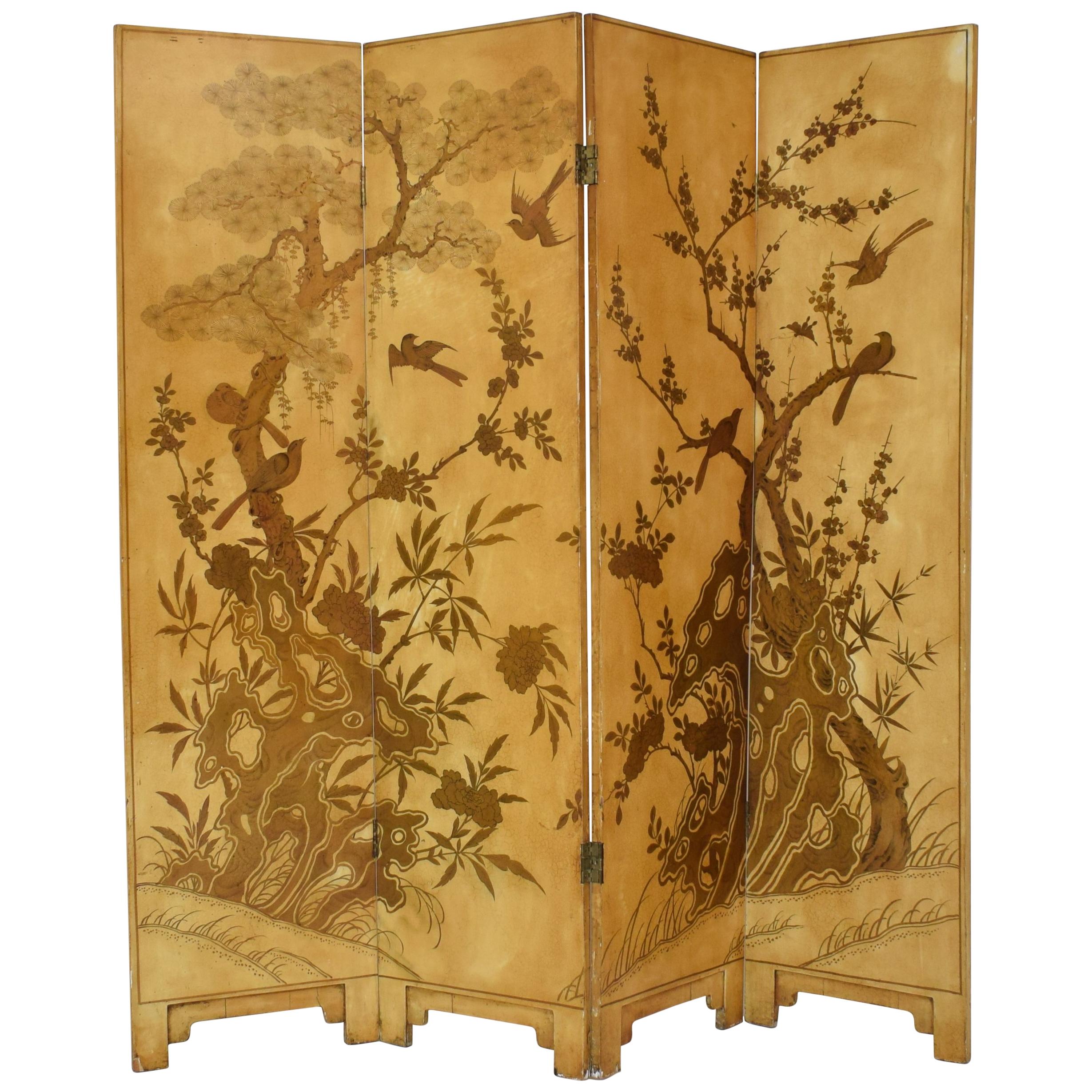 19th Century French Chinoiserie Lacquer Four-Panel Screen, Paravent, 1890s