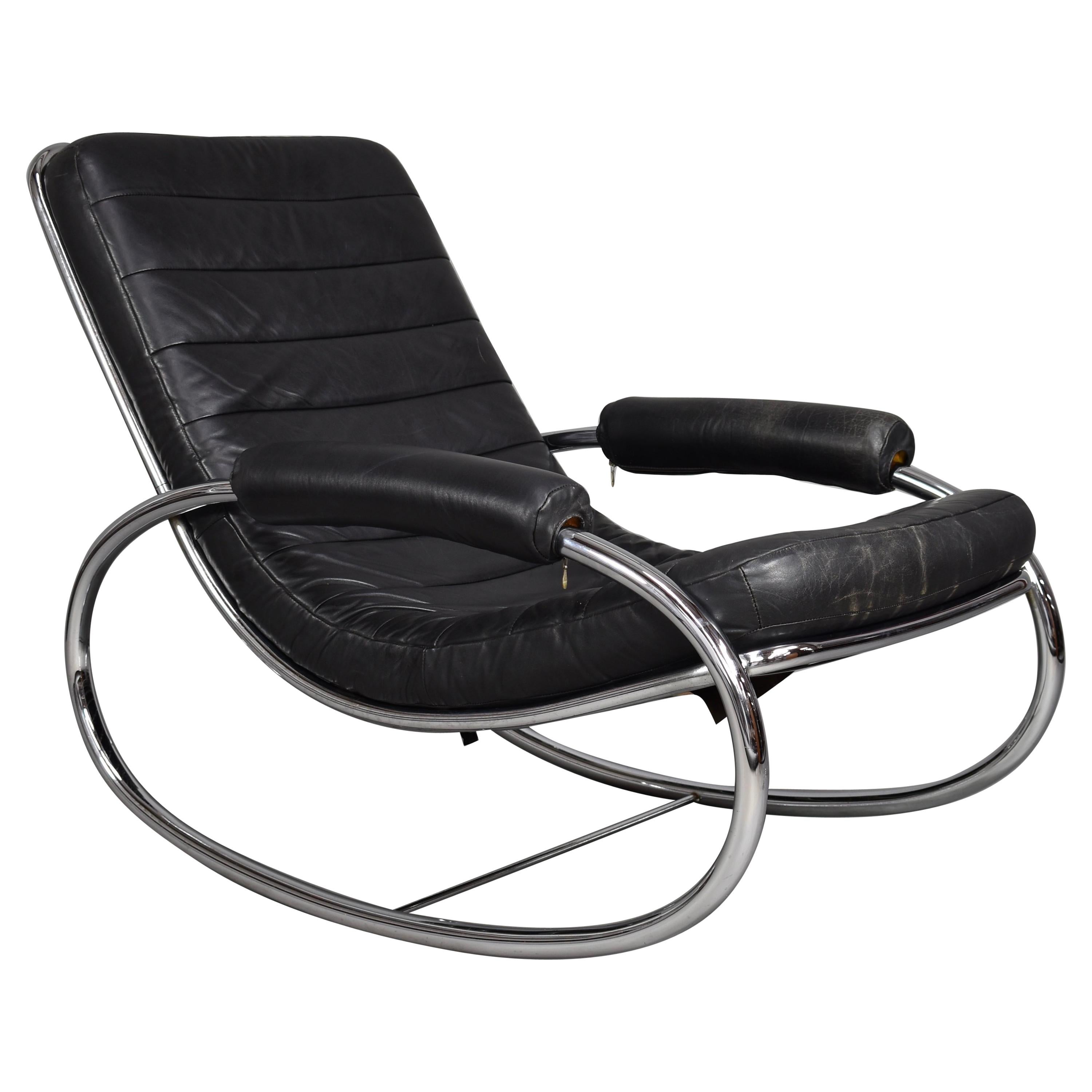 Italian Milo Baughman Style Rocking Chair in Chrome and Leather, circa 1970