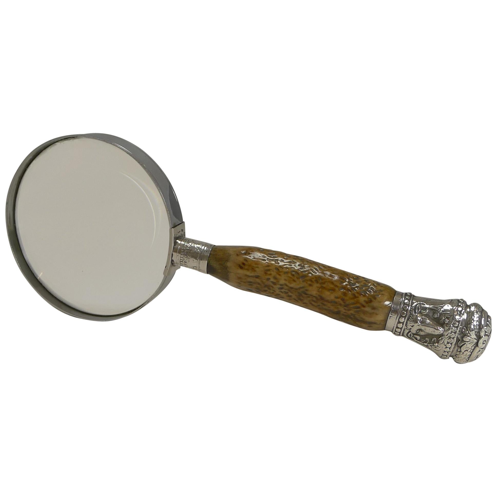 Antique English Antler Horn & Sterling Silver Handled Magnifying Glass