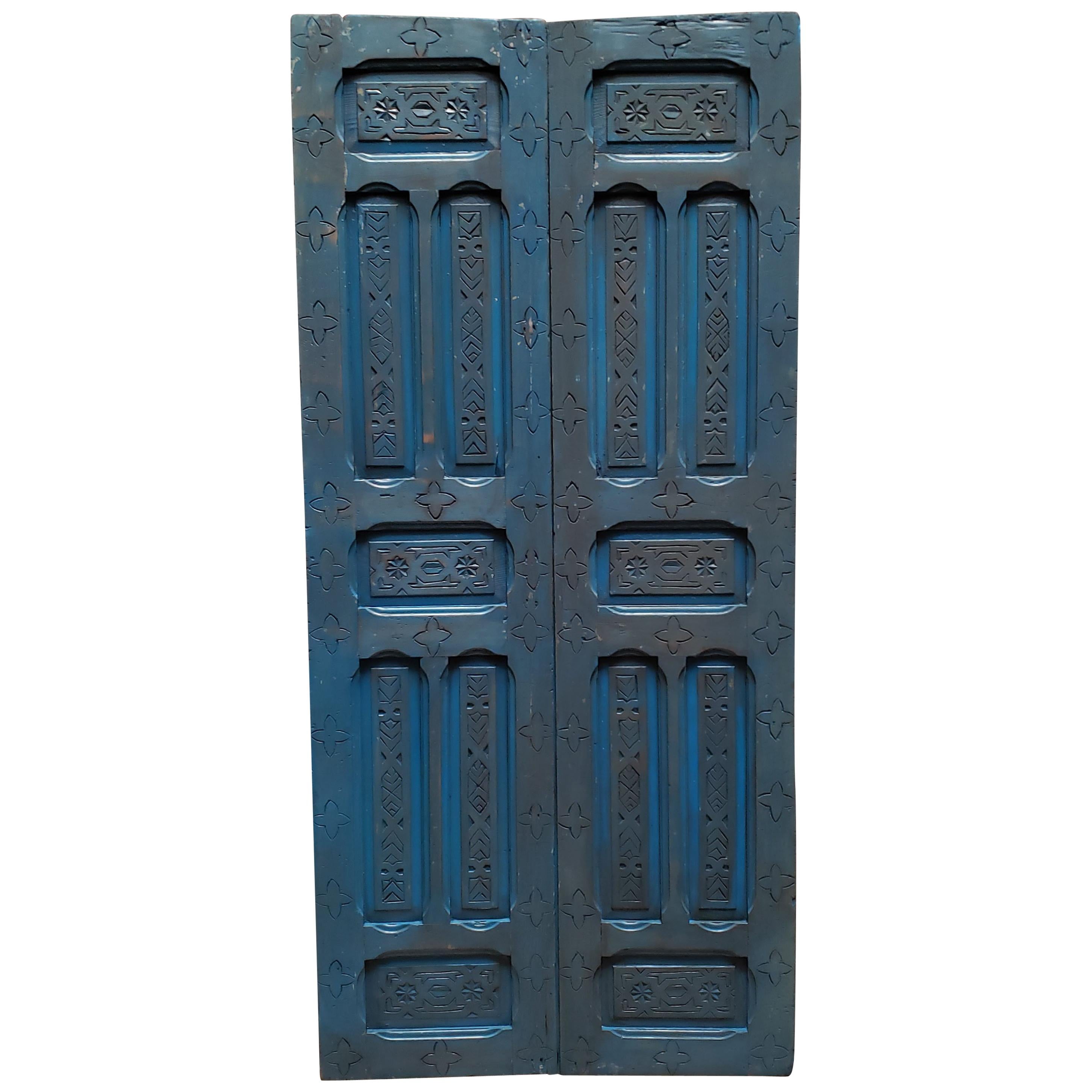 Double Panel Moroccan Wooden Door, True Blue 23ND48 For Sale