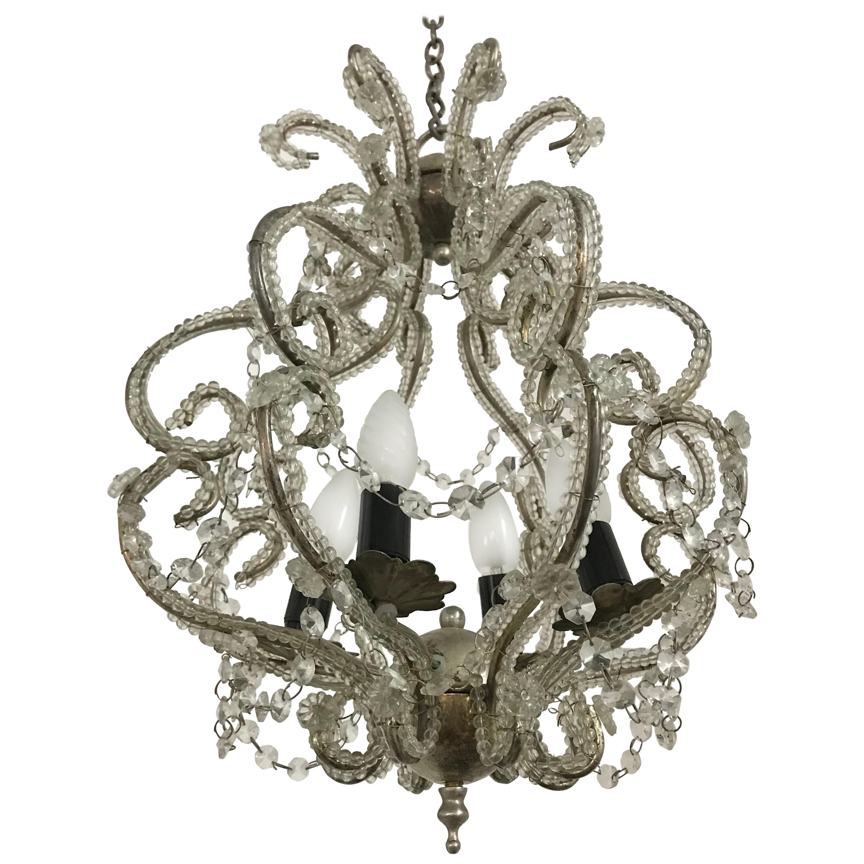 Silvered "Montgolfiere" Style Chandelier, Glass Beads Throughout, France, 1960