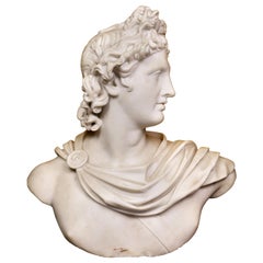 Italian White Marble Bust of Apollo Belvedere with Bauhaus Design Pedestal Base