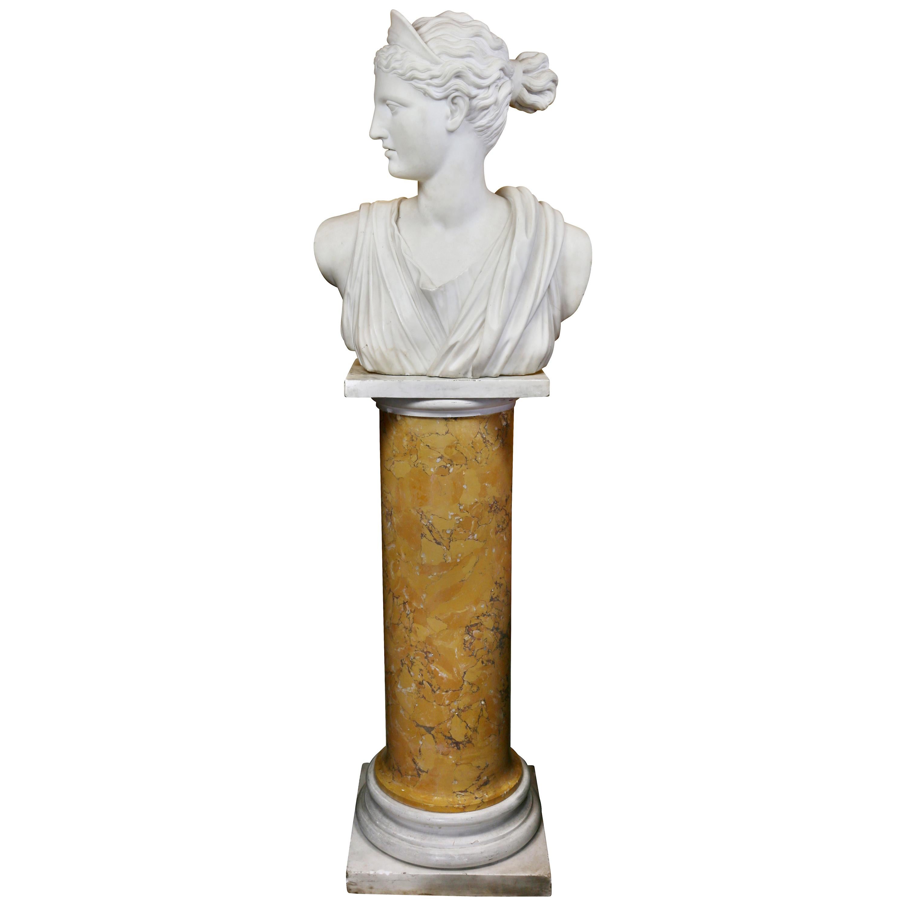 Italian White Marble Bust of Diana on a Faux Sienna Marble Base