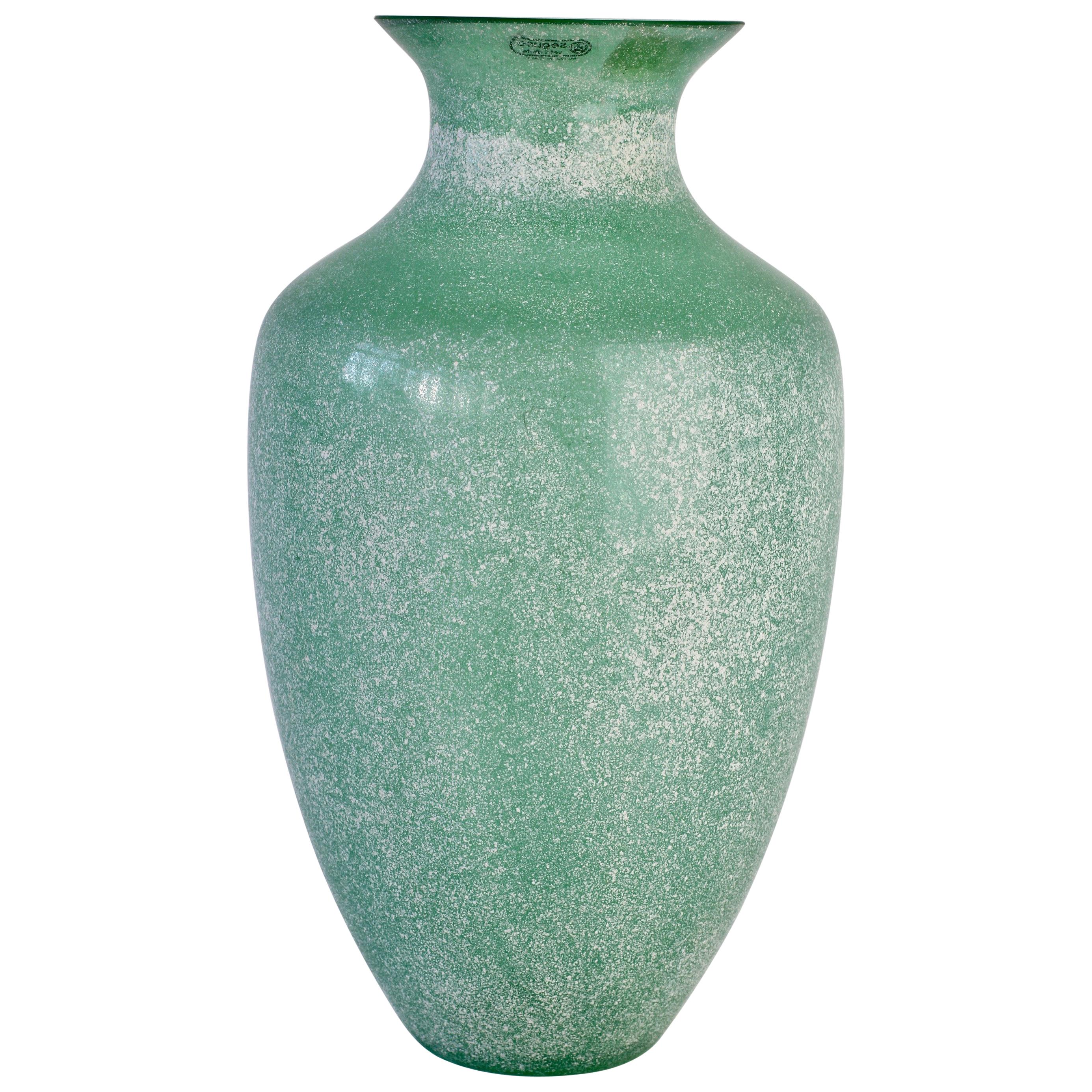 Large Italian Seguso Vetri d'Arte Green 'Scavo' Murano Glass Vintage Floor Vase