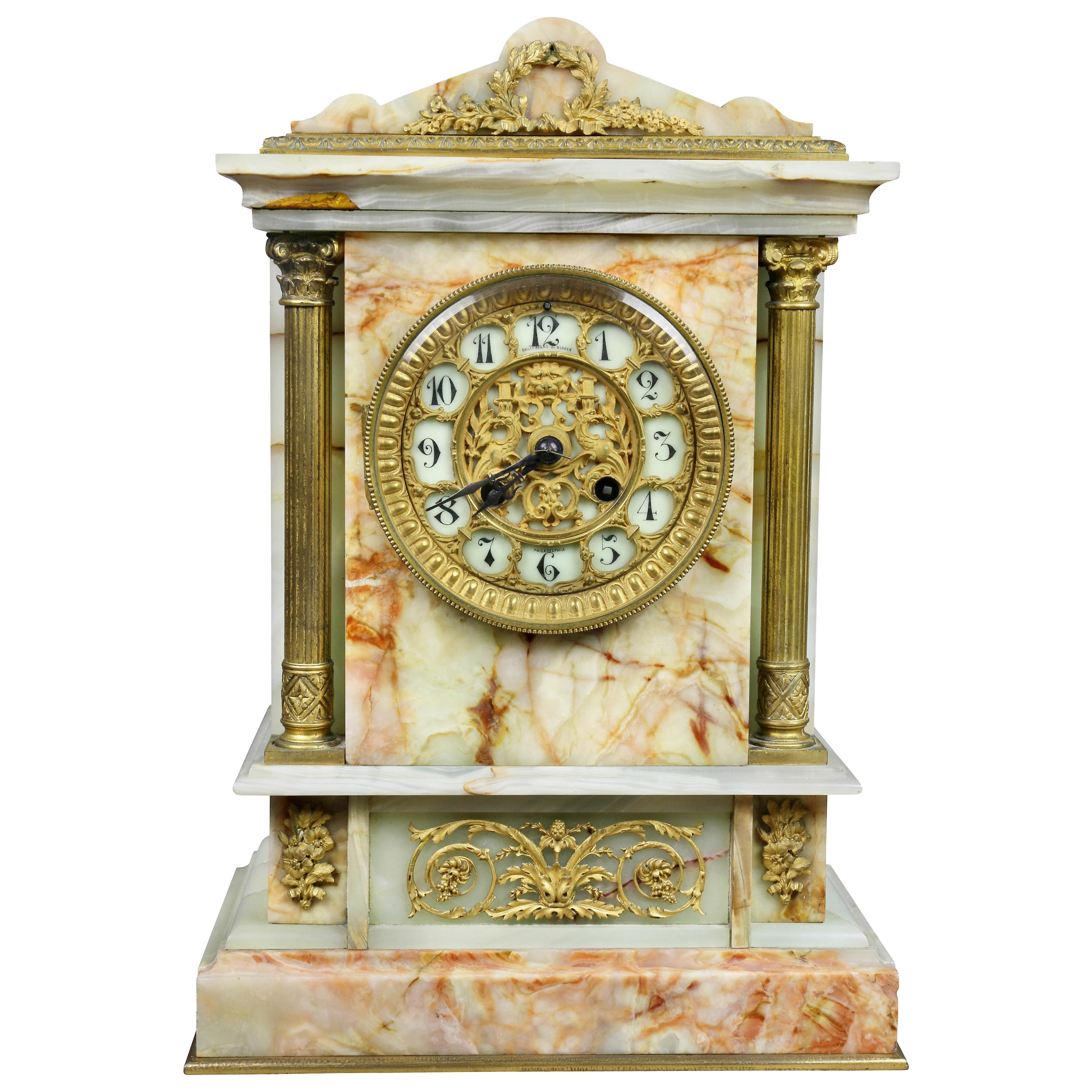 French Onyx and Bronze Mantle Clock Retailed by Bailey Banks & Biddle