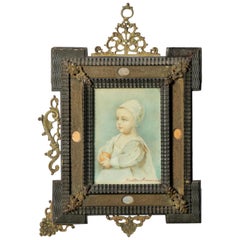 Antique French Miniature Signed Watercolor Portrait in Carved Frame 19th Century