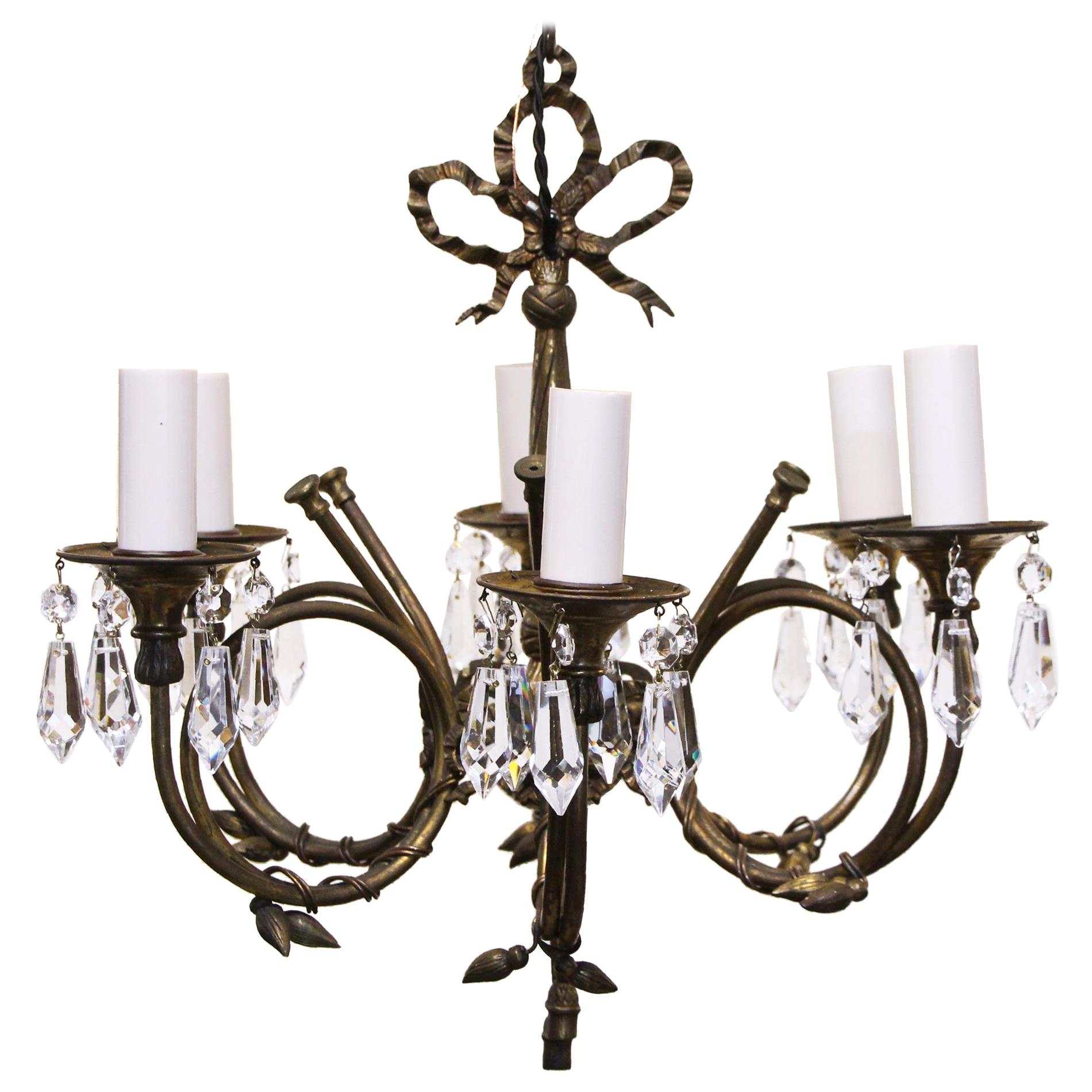 1950s Petite Spanish Bronze Floral and Ribbon Six-Arm Crystal Chandelier