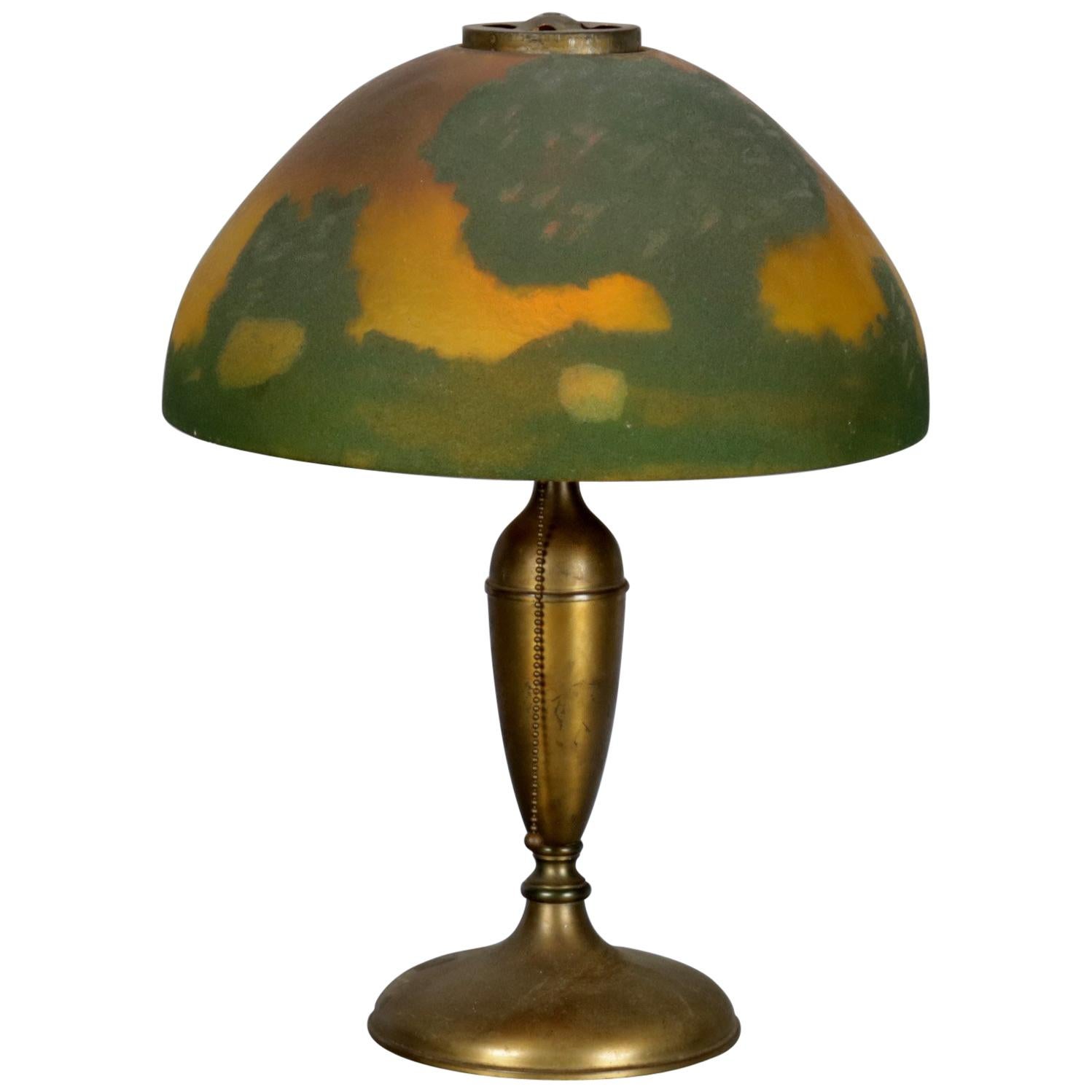 Antique Arts and Crafts Jefferson Lamp with Reverse Painted Landscape Scene