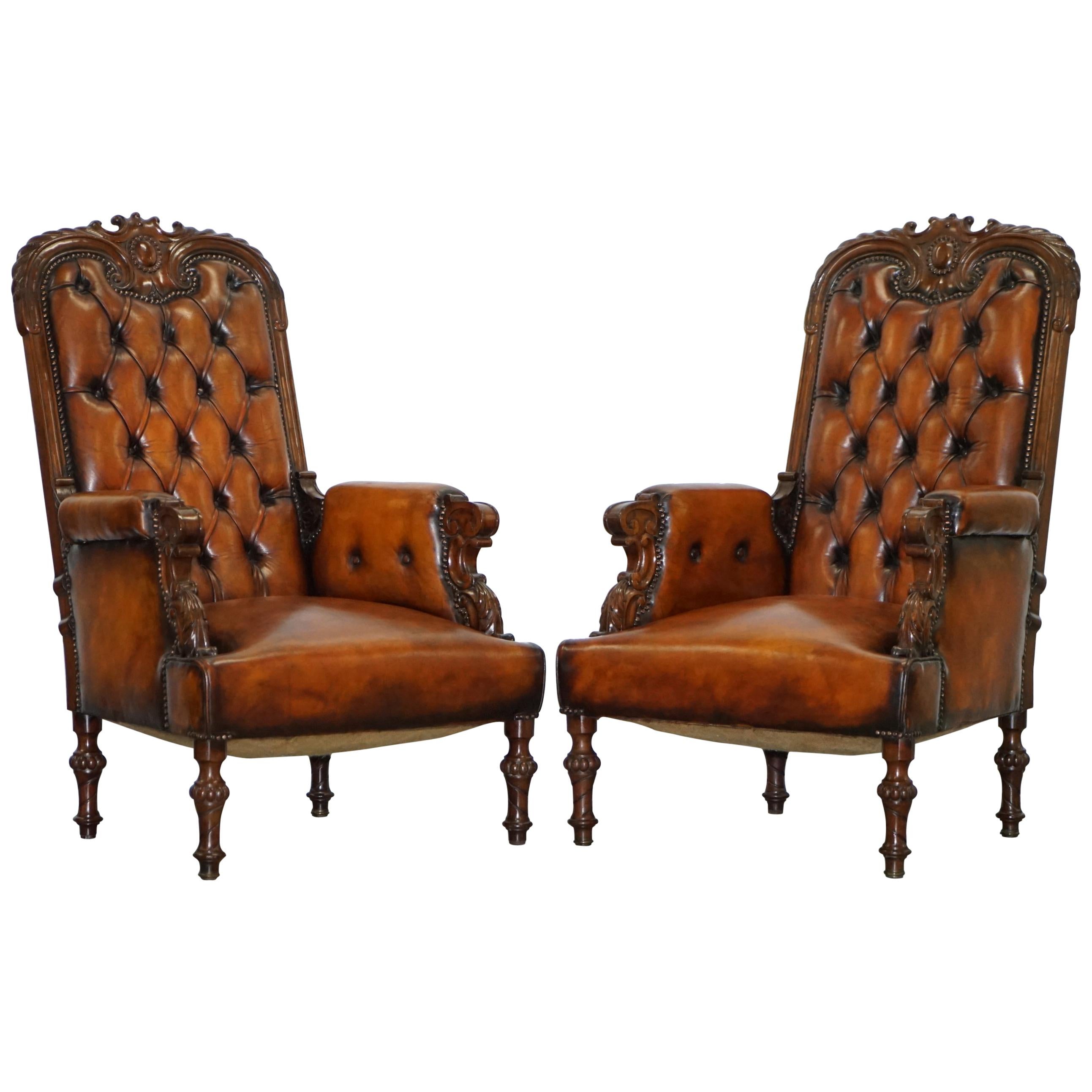 Pair of Fully Restored Show Wood Frame Chesterfield Leather Victorian Armchairs