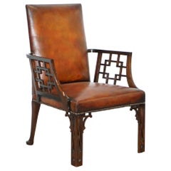 Antique Rare circa 1830 Chinese Chippendale Fully Restored Brown Leather Armchair