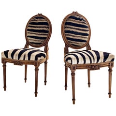 Antique Louis XVI Style Side Chairs Restored in Zebra Hide, Pair