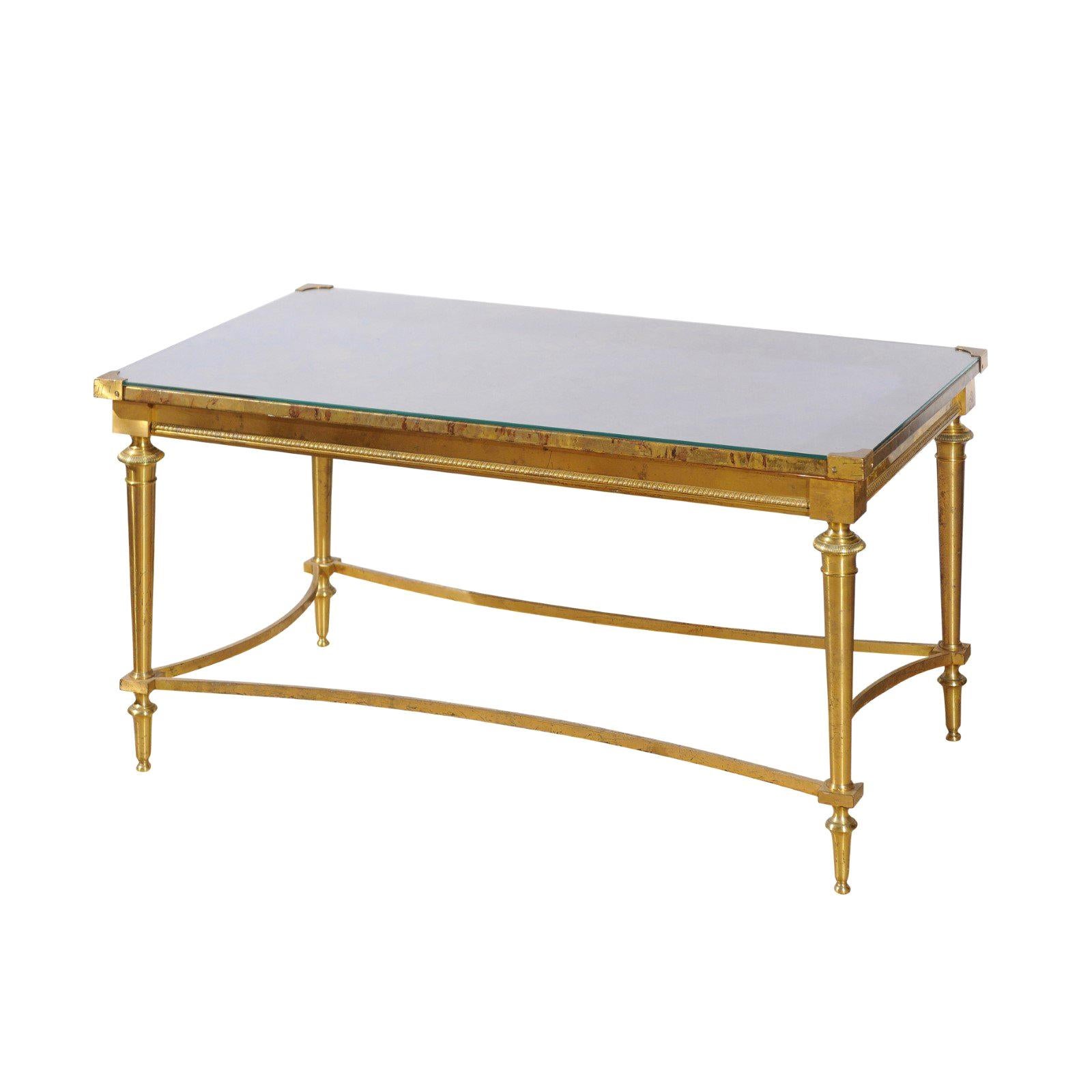 French Vintage Maison Baguès Brass Coffee Table with Marbleized Top under Glass