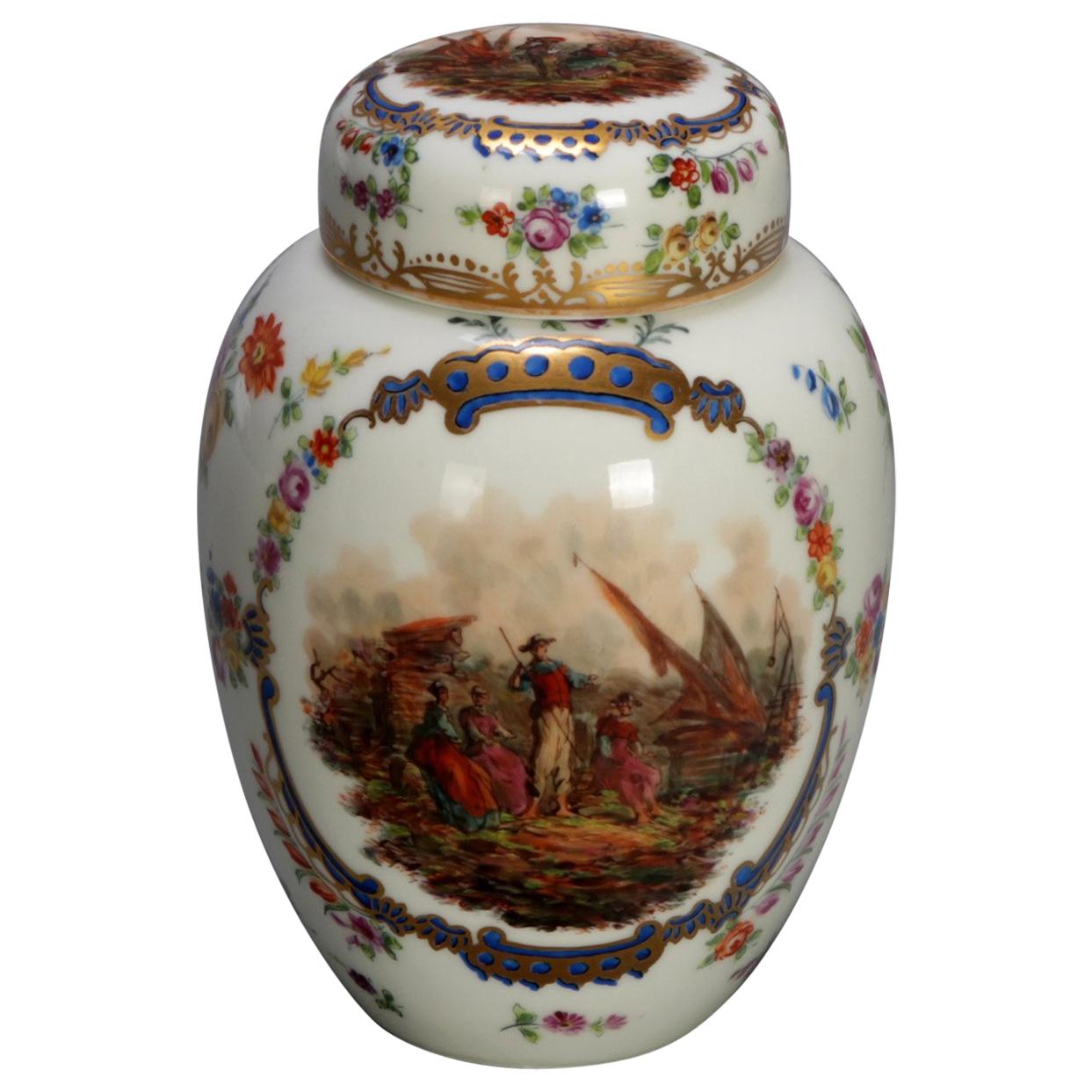 Antique German Pictorial Porcelain Bro. Schone All Huttenstein Tea Caddy