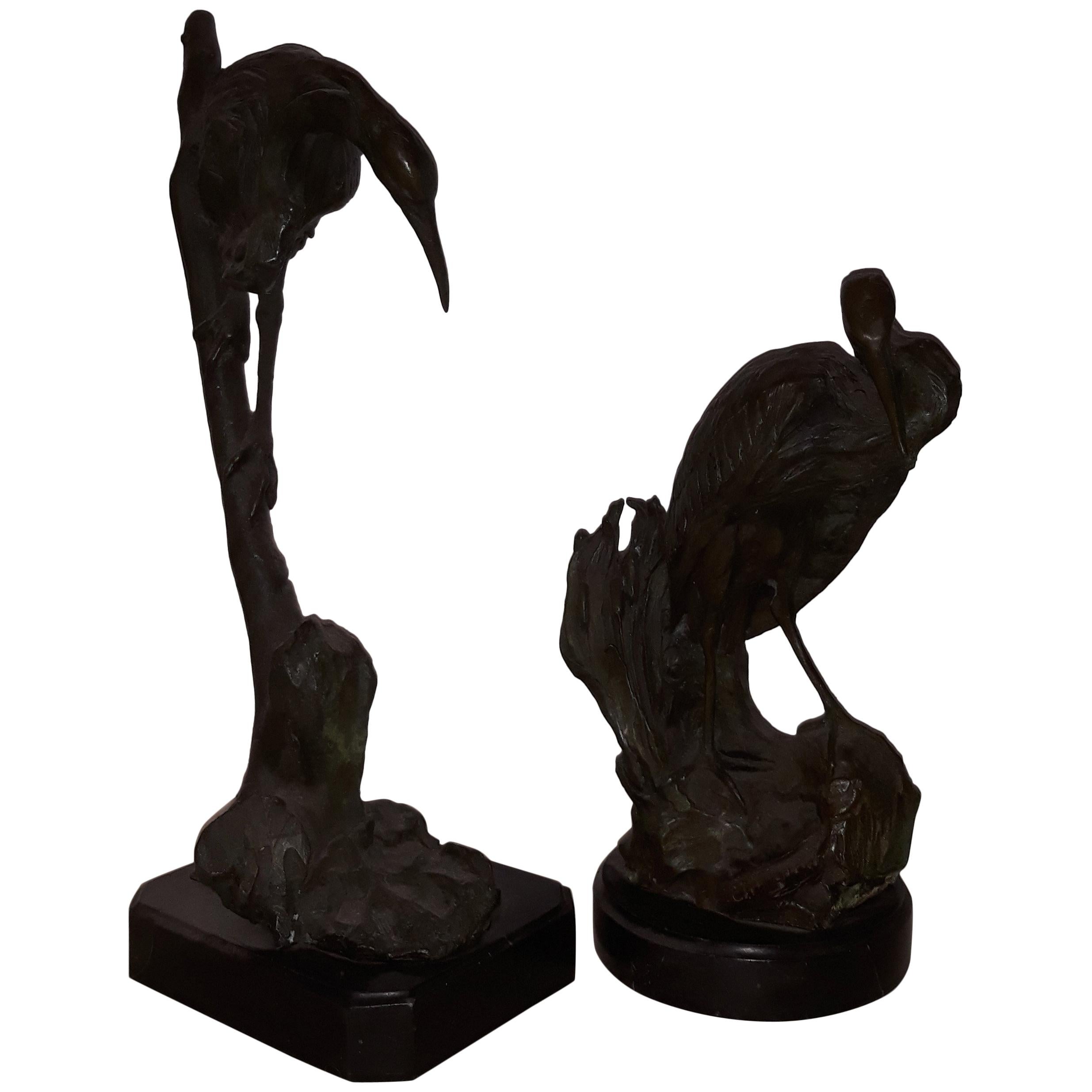 Pair of 20th Century Lost Wax Bronze Gray Herons, Italy Naples, 1930 For Sale