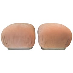 Pair of Mid Century Springer Style Upholstered Peach Poufs Souffle Ottomans