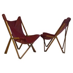 Pair Italian Wood & Leather Folding Tripolina Lounge Chairs, Joseph Fendy, 1937