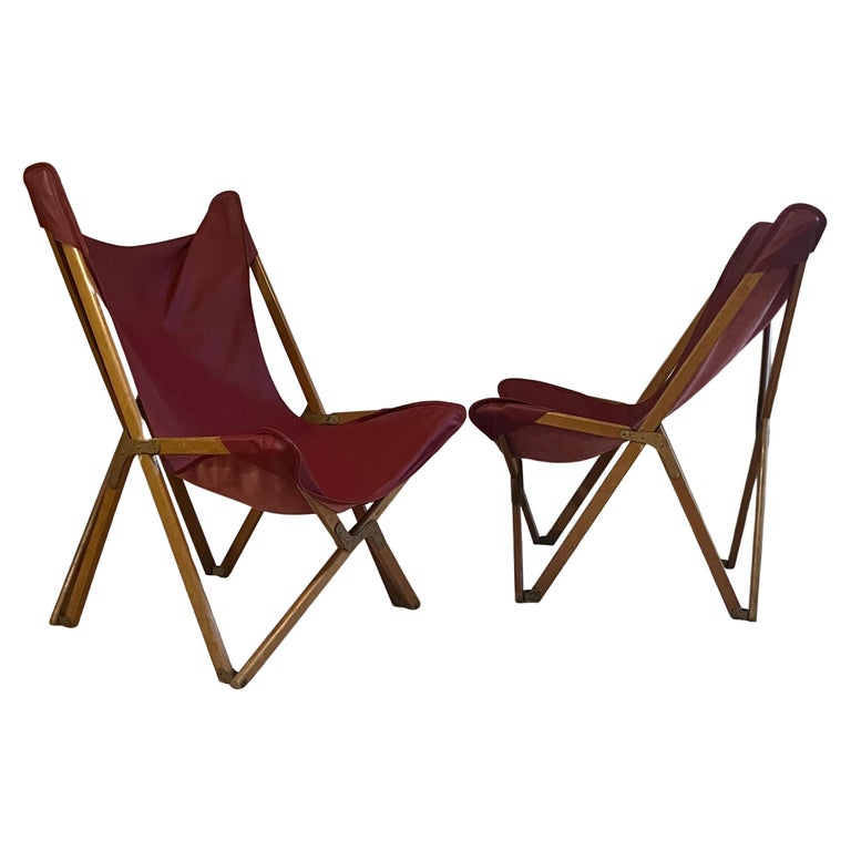 Pair Italian Wood and Leather Folding Tripolina Lounge Chairs, Joseph