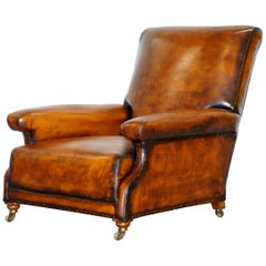 Antique Fully Stamped Original Victorian Walnut & Brown Leather Howard & Son's Armchair