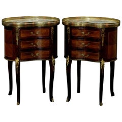 Antique French Louis XV Inlaid Kingwood, Marble & Bronze End Stands, circa 1930