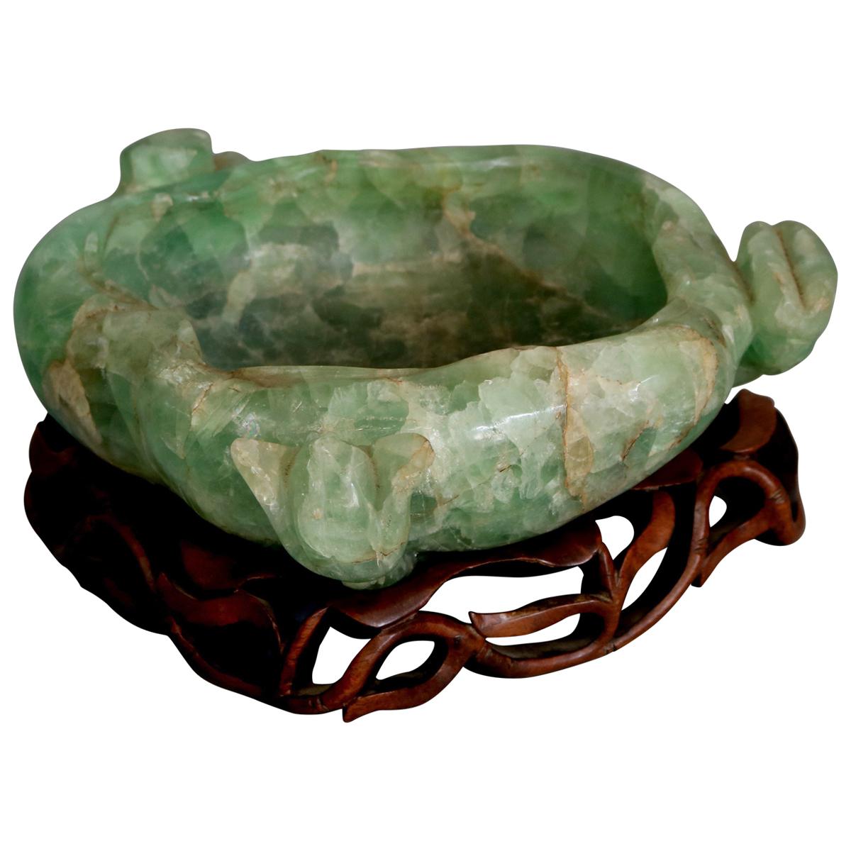 Large Antique Chinese Jadeite Gemstone Center Bowl on Carved Hardwood Base