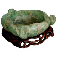 Large Antique Chinese Jadeite Gemstone Center Bowl on Carved Hardwood Base