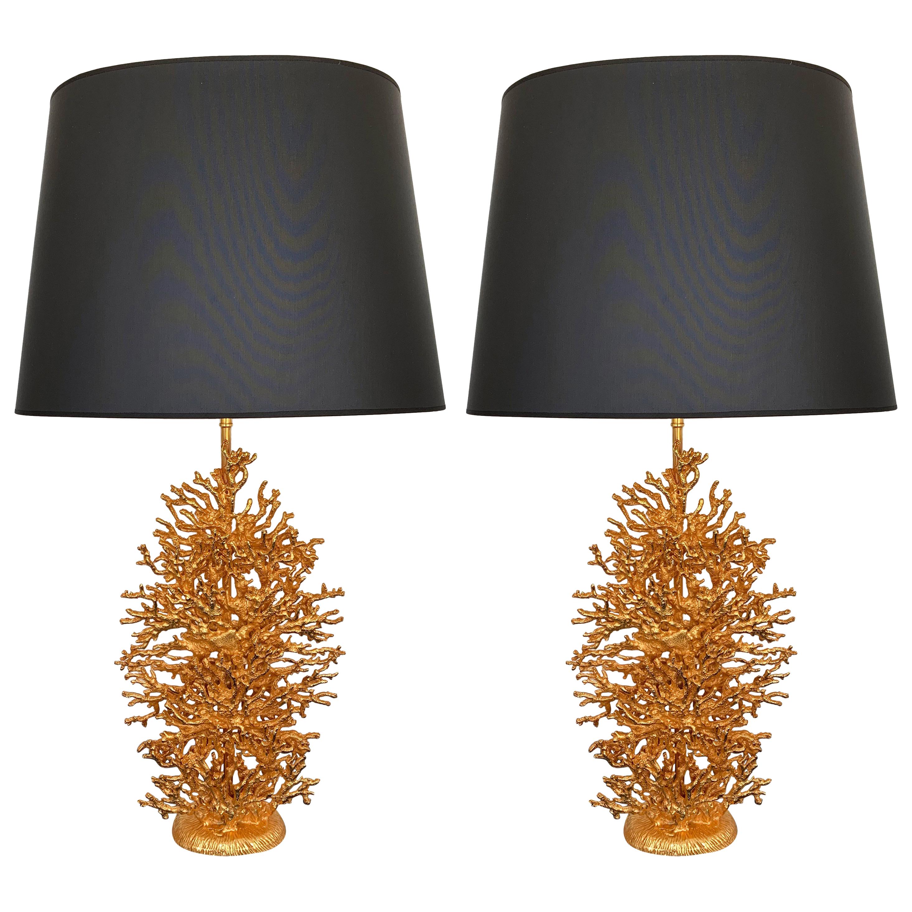 Pair of Gilt Bronze Coral Lamps by Stephane Galerneau, France, 1990s