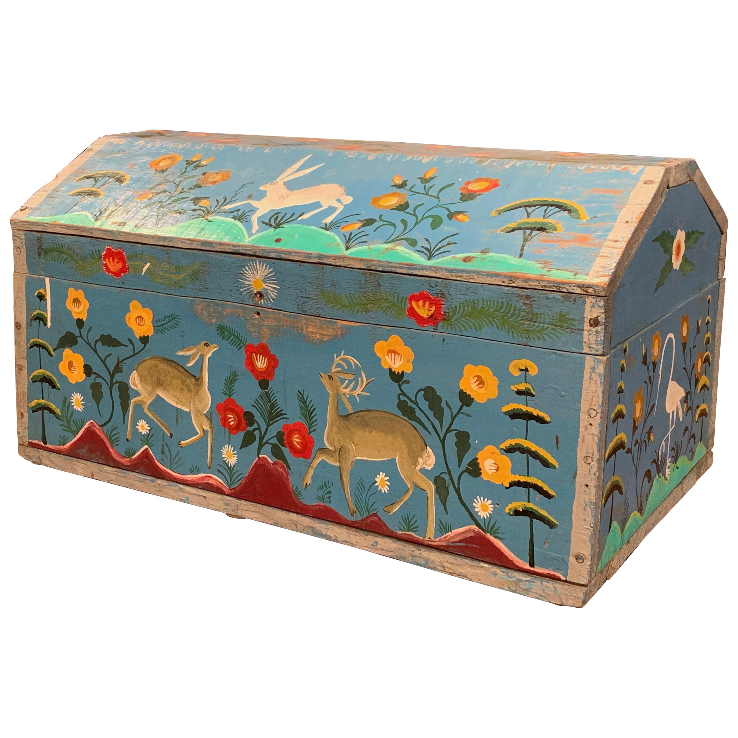 19th Century French Hand Painted Trunk with Rabbit and Deer Motifs from Normandy