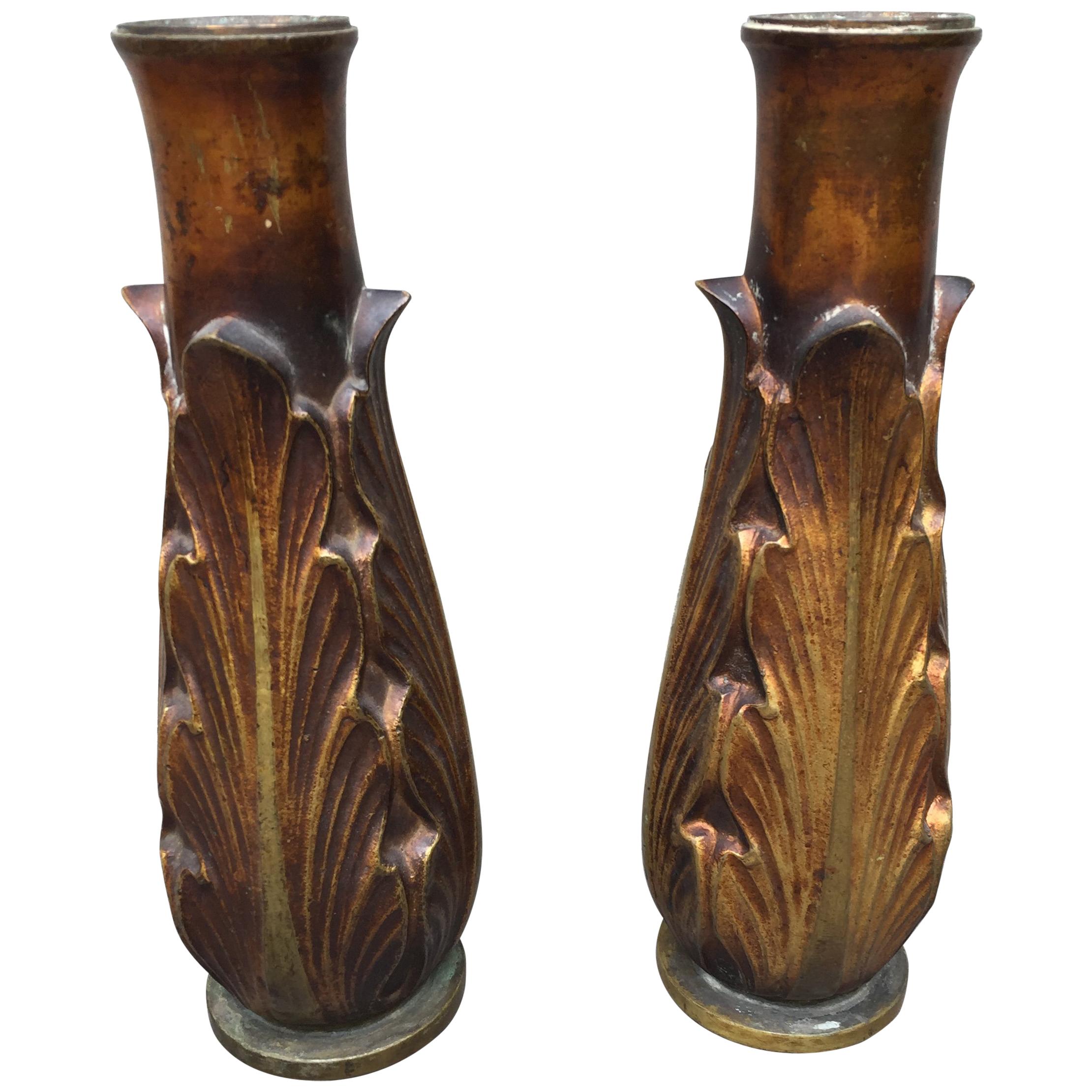 1930s Art Deco Large Bronze Candleholders or Vases, a Pair For Sale