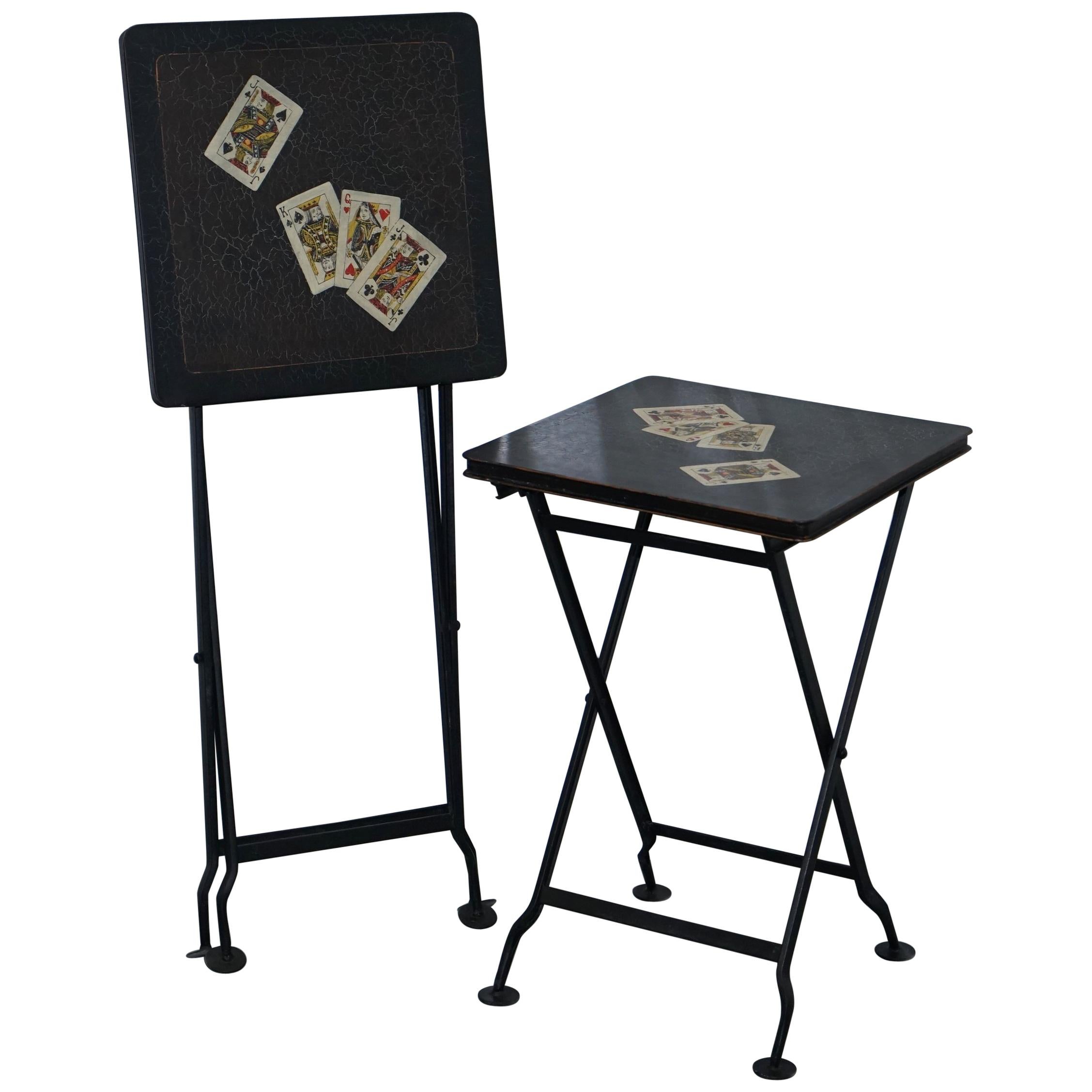 Stunning Rare Pair of Vintage Hand Painted Folding Metal Card Games Side Tables