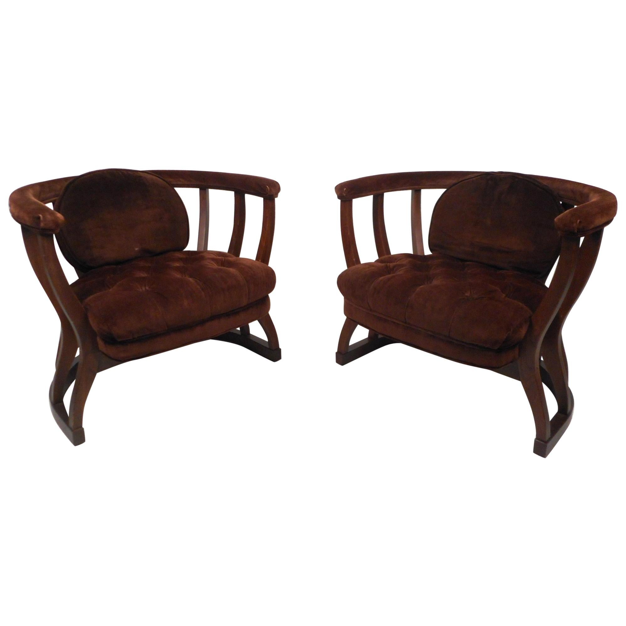 Pair of Mid-Century Modern Upholstered Barrel Back Chairs