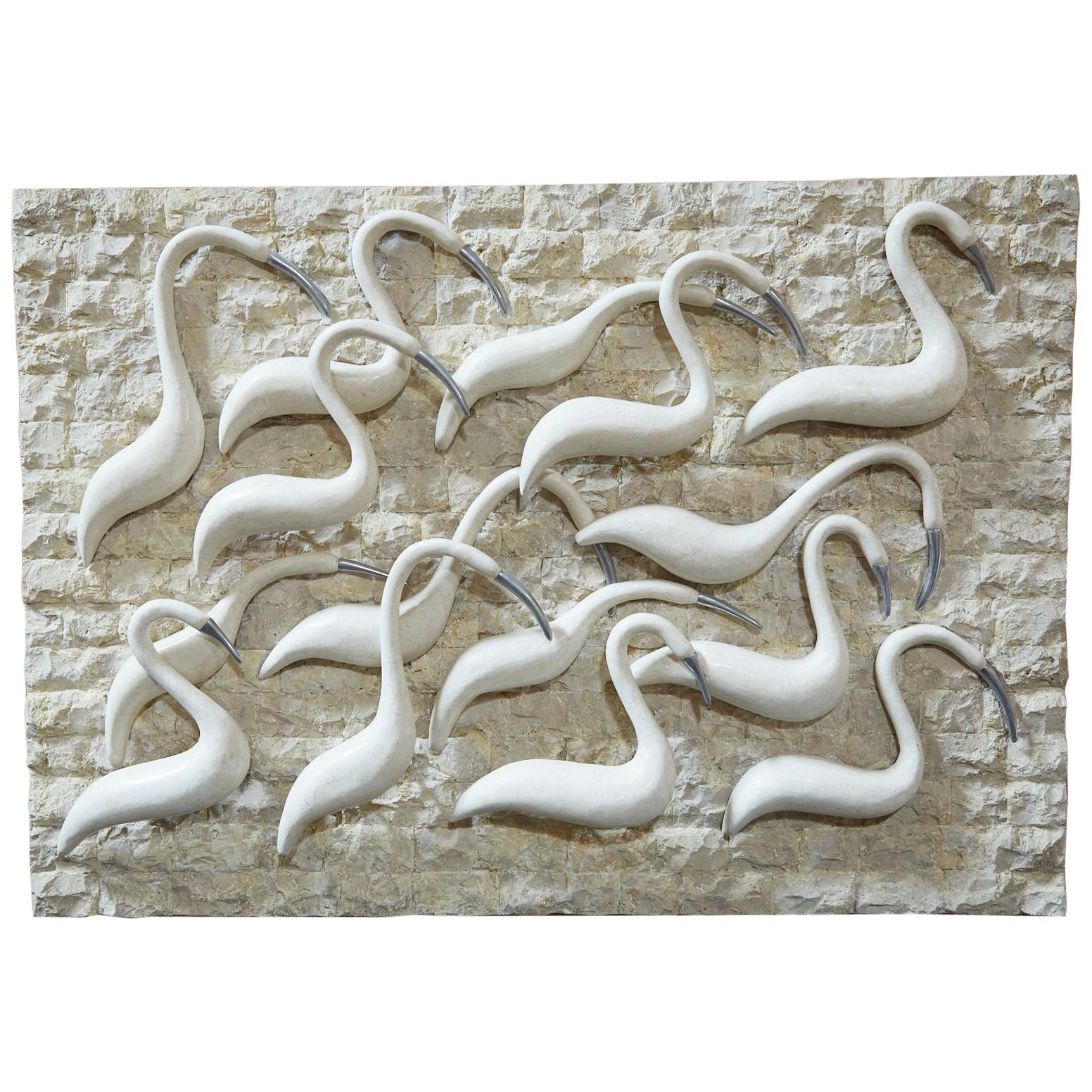 "Birds at the Beach" Tessellated Stone Wall Sculpture with Pewter Accents For Sale
