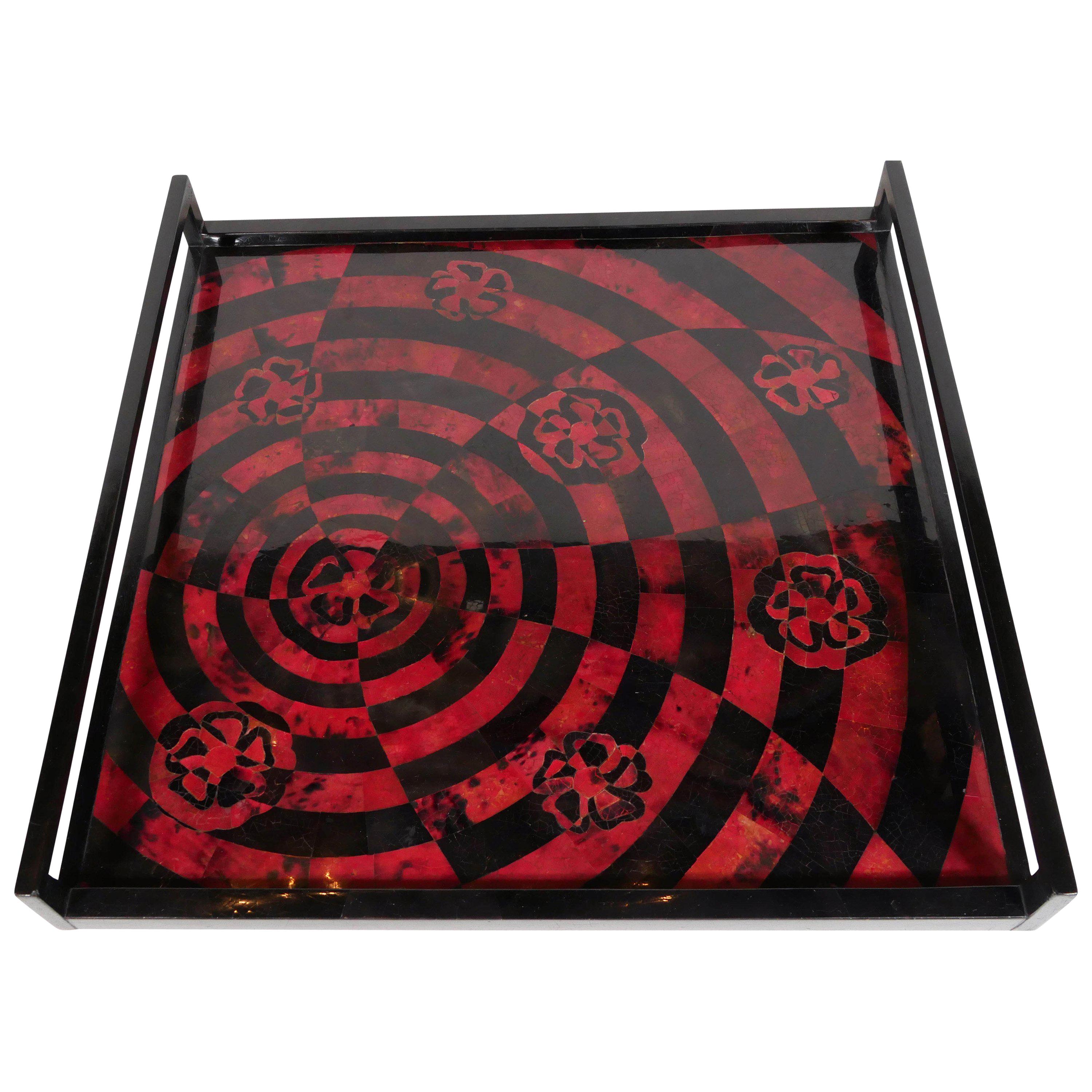 R & Y Augousti Tray with Geometric Inlays of Red and Black Lacquered Pen Shell