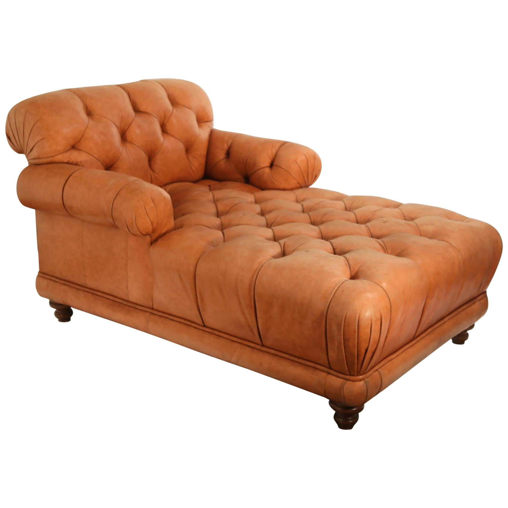 Tufted Distressed Leather Ralph Lauren Chesterfield Styled Chaise Lounge Daybed