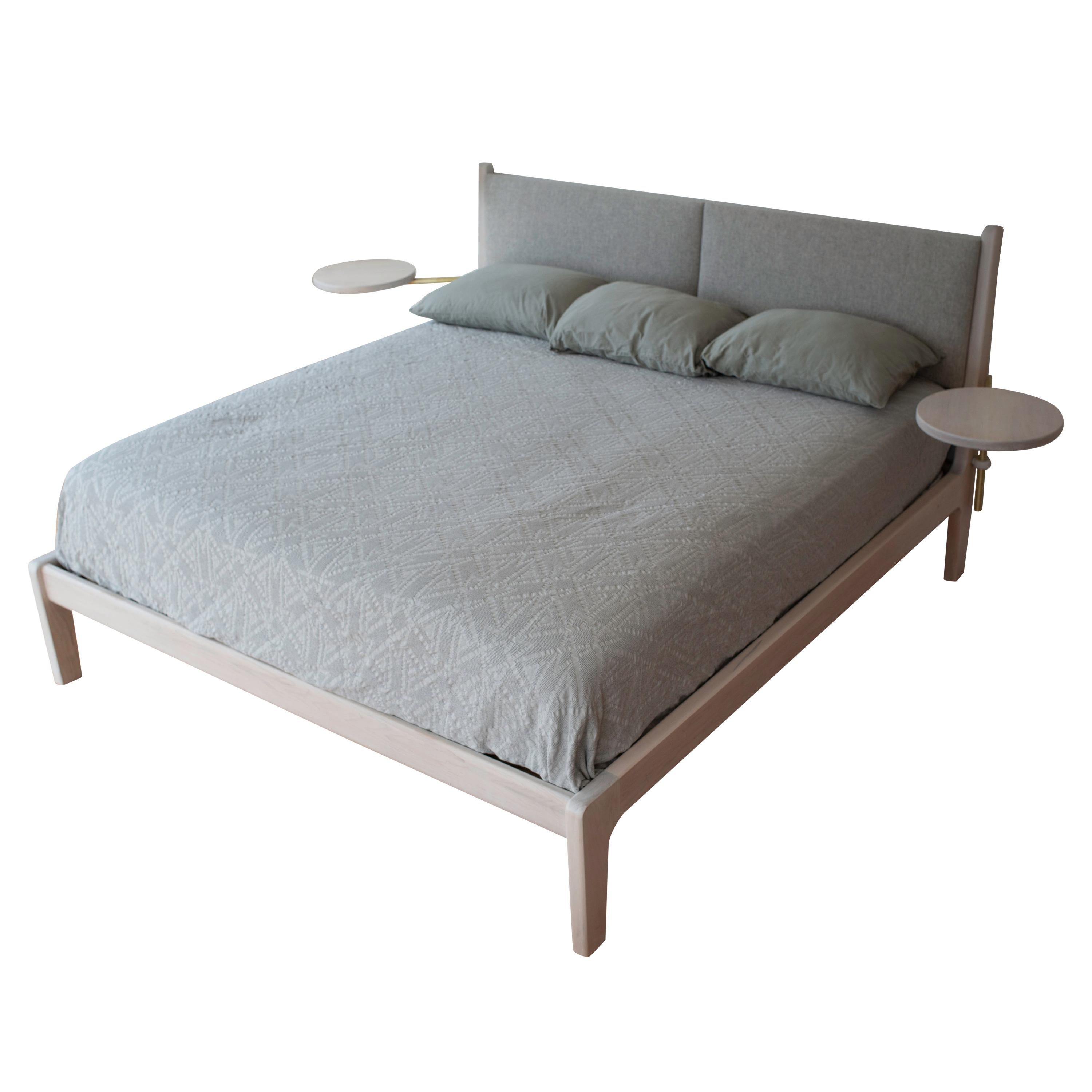 Lapwing Bed with Pivoting Side Tables and Upholstered Headboard in Maple For Sale