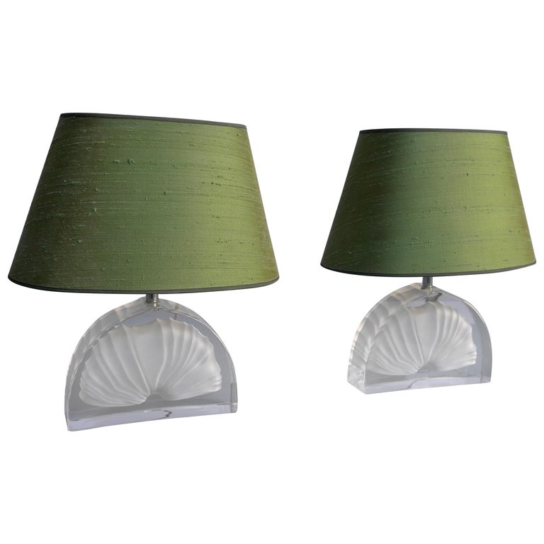 Pair of Fossil Shell Crystal Table Lamps with Green Silk Shades by Daum  France For Sale at 1stDibs | table lamps with green shades